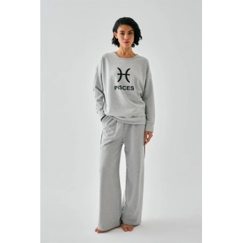 MARSiLYAN- Kadın Gri Balık Burcu Oversize 2 İplik Eşofman Ev Giyim Takımı