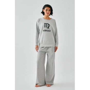 MARSiLYAN- Kadın Gri Başak Burcu Oversize 2 İplik Eşofman Ev Giyim Takımı