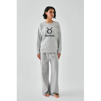 MARSiLYAN- Kadın Gri Boğa Burcu Oversize 2 İplik Eşofman Ev Giyim Takımı