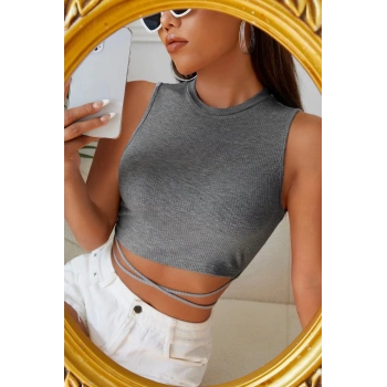 MARSiLYAN- Kadın Gri Çapraz Bağlamalı Crop Top Büstiyer