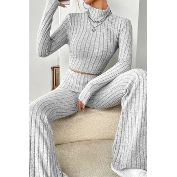 MARSiLYAN- Kadın Gri Çizgili Boğazlı Crop Top ve Yüksek Bel Pantolon Takım