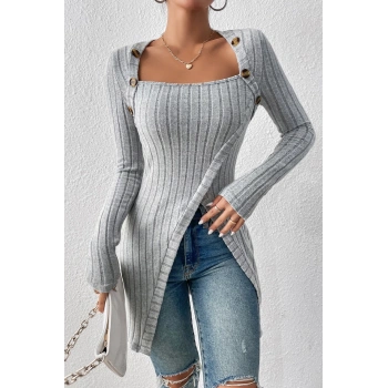 MARSiLYAN- Kadın Gri Düğme Detaylı Kare Yaka Fitilli Asimetrik Etekli Uzun Kollu Bluz