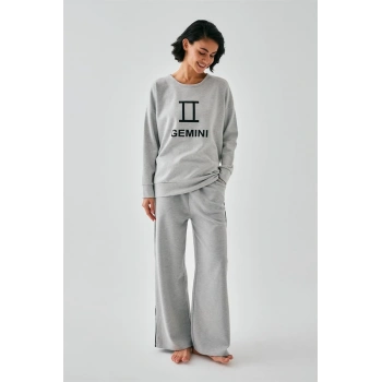 MARSiLYAN- Kadın Gri İkizler Burcu Oversize 2 İplik Eşofman Ev Giyim Takımı