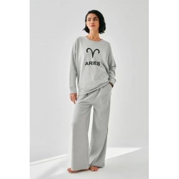 MARSiLYAN- Kadın Gri Koç Burcu Oversize 2 İplik Eşofman Ev Giyim Takımı