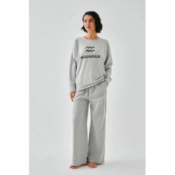 MARSiLYAN- Kadın Gri Kova Burcu Oversize 2 İplik Eşofman Ev Giyim Takımı