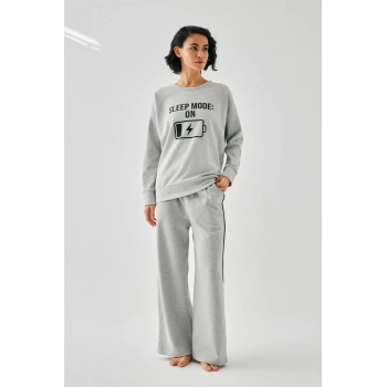 MARSiLYAN- Kadın Gri Sleep Mode ON Oversize 2 İplik Eşofman Ev Giyim Takımı