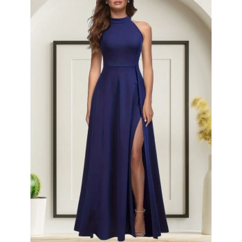 MARSiLYAN- Kadın Halter Yaka Derin Yırtmaç Detaylı Tam Boy Janjan Krep Abiye Elbise