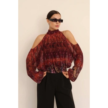 MARSiLYAN- Kadın Halter Yaka Full Transparan Omuz Dekolteli Bluz