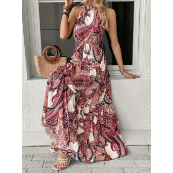 MARSiLYAN- Kadın Halter Yakalı Omuzlardan Açık Kuşaklı Maksi Boy Desenli Süprem Elbise
