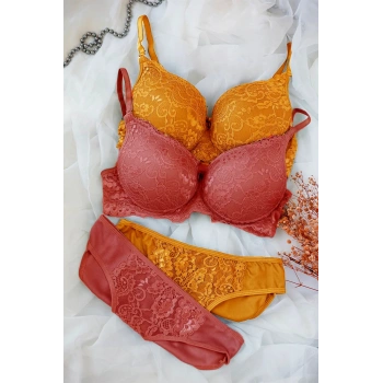 MARSiLYAN- Kadın Hardal Ve Kiremit Rengi Dolgulu Balenli Sütyen Külot 2li Paket