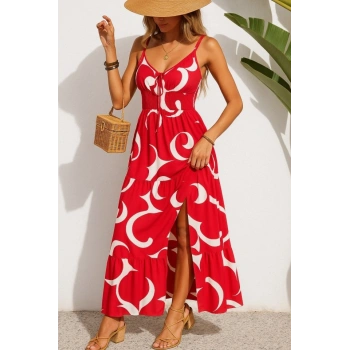 MARSiLYAN- Kadın Ip Askılı Dekolteli Bağcıklı Yırtmaçlı Desenli Süprem Elbise