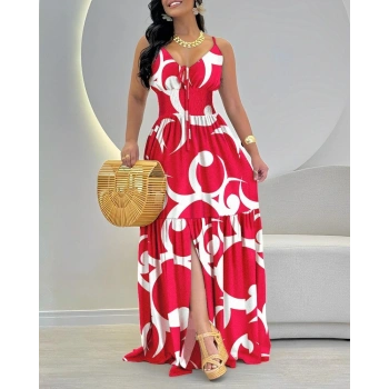 MARSiLYAN- Kadın Ip Askılı Dekolteli Bağcıklı Yırtmaçlı Desenli Süprem Elbise