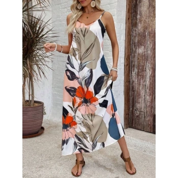 MARSiLYAN- Kadın Ip Askılı Geniş V Yakalı Desenli Süprem Elbise