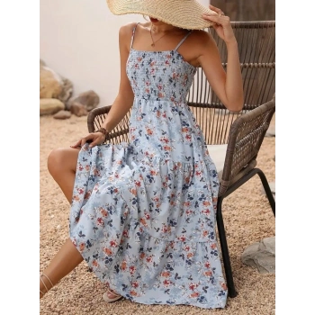 MARSiLYAN- Kadın Ip Askılı Geniş V Yakalı Desenli Uzun Süprem Elbise