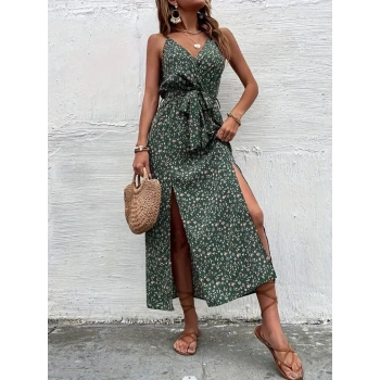 MARSiLYAN- Kadın Ip Askılı Kruvaze Yakalı Yırtmaçlı Uzun Desenli Kuşaklı Süprem Elbise