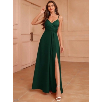 MARSiLYAN- Kadın Ip Askılı Kruvaze Yakalı Yırtmaçlı Uzun Ithal Krep Elbise