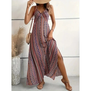 MARSiLYAN- Kadın Ip Askılı Sırttan çapraz Detaylı Yırtmaçlı Desenli Süprem Elbise