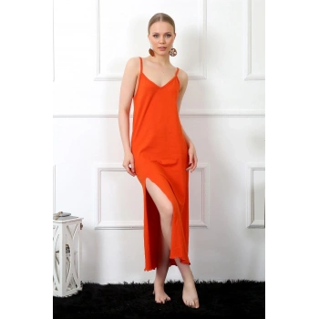 MARSiLYAN- Kadın İp Askılı Turuncu Uzun Gecelik