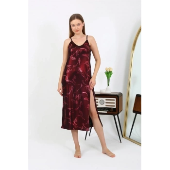 MARSiLYAN- Kadın İp Askılı Uzun Parlak Micro Elbise Gecelik Bordo
