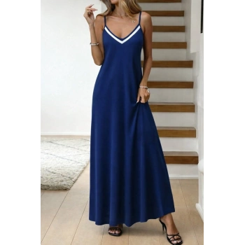 MARSiLYAN- Kadın Ip Askılı V şerit Yakalı Uzun Viskon Elbise