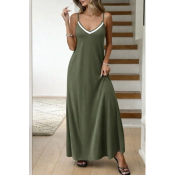 MARSiLYAN- Kadın Ip Askılı V şerit Yakalı Uzun Viskon Elbise