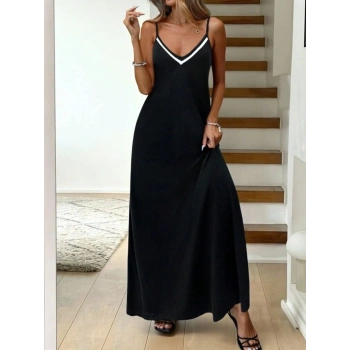 MARSiLYAN- Kadın Ip Askılı V şerit Yakalı Uzun Viskon Elbise