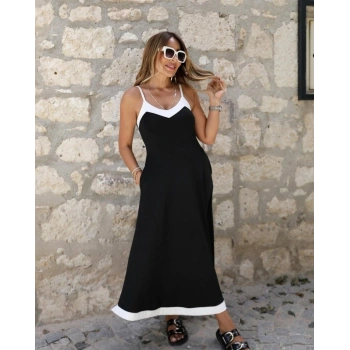 MARSiLYAN- Kadın Ip Askılı V Yakalı çift Renkli Janjan Krep Elbise