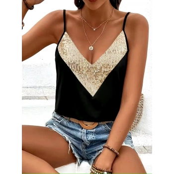 MARSiLYAN- Kadın Ip Askılı V Yakalı Pulpayet Detaylı Sandy Bluz