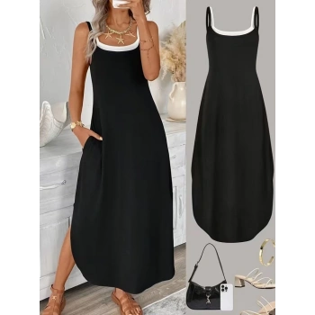 MARSiLYAN- Kadın Ip Askılı Yuvarlak Yakalı Cepli Uzun Viskon Elbise