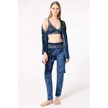 MARSiLYAN- Kadın Kadife Çiçek Baskılı Sabahlık Balensiz Desteksiz Dolgusuz Dantelli Bralet Sütyen ve Pantolon Pijama 3lü Takım (5699)