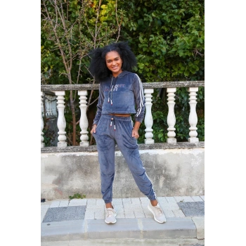 MARSiLYAN- Kadın Kadife Kapşonlu Eşofman Takım Gri