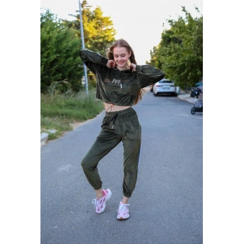 MARSiLYAN- Kadın Kadife Kapşonlu Eşofman Takım Haki