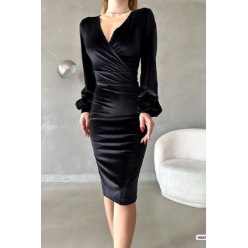 MARSiLYAN- Kadın Kadife Kumaş Kruvaze Yaka Balon Kol Ve Yırtmaç Detaylı Midi Boy Elbise