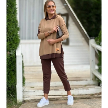 MARSiLYAN- Kadın Kahve Kapşonlu Etek Ucu Detay Arma Ters Dikiş Gorunumlu Ikili Takım