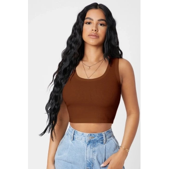 MARSiLYAN- Kadın Kahverengi Kare Yaka Crop Top Bluz