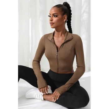 MARSiLYAN- Kadın Kahverengi Uzun Kol Fermuarlı Parmak Geçme Detaylı Dik Yaka Crop Top Bluz
