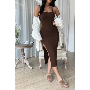 MARSiLYAN- Kadın Kahverengi Yırtmaçlı Diz Altı Vücüdu Saran Gecelik