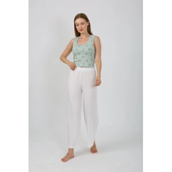 MARSiLYAN- Kadın Kalın Askılı Body Bol Paça Pantolon 2`li Takım Beyaz