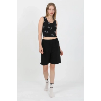 MARSiLYAN- Kadın Kalın Askılı Pamuk Penye Şortlu Crop Takım Siyah