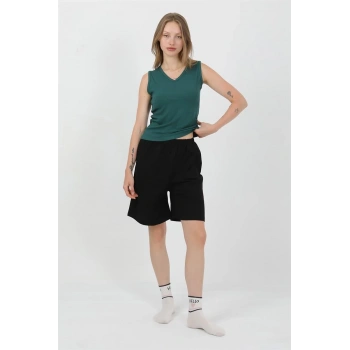 MARSiLYAN- Kadın Kalın Askılı Pamuk Penye Şortlu Takım Yeşil