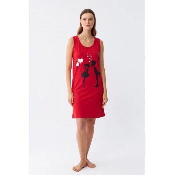 MARSiLYAN- Kadın Kalın Askılı Penye Diz Üstü Kırmızı Gecelik