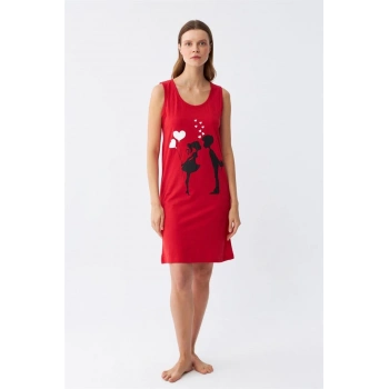 MARSiLYAN- Kadın Kalın Askılı Penye Diz Üstü Kırmızı Gecelik