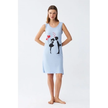 MARSiLYAN- Kadın Kalın Askılı Penye Diz Üstü Mavi Gecelik