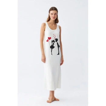 MARSiLYAN- Kadın Kalın Askılı Penye Uzun Ekru Gecelik