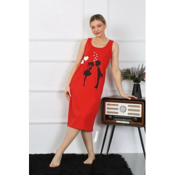 MARSiLYAN- Kadın Kalın Askılı Penye Uzun Kırmızı Gecelik