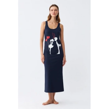 MARSiLYAN- Kadın Kalın Askılı Penye Uzun Lacivert Gecelik