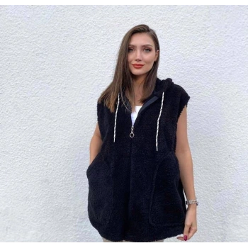 MARSiLYAN- Kadın Kapüşon Ve Fermuar Detay Welsoft Kolsuz Yelek