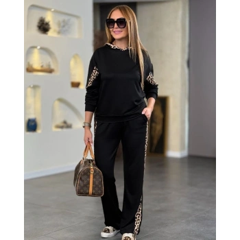 MARSiLYAN- Kadın Kapüşonlu Leopar Detay Sweat Ve Yüksek Bel Yanları Leopar şeritli Bol Paça Pantolon Ikili Takım