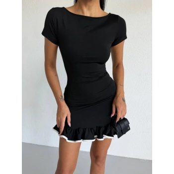 MARSiLYAN- Kadın Kayık Yaka Kısa Kollu Eteği Olan Detay Dalgıç Kumaş Mini Elbise