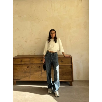 MARSiLYAN- Kadın Kayık Yaka Yarasa Kol Dökümlü Kısa Bluz